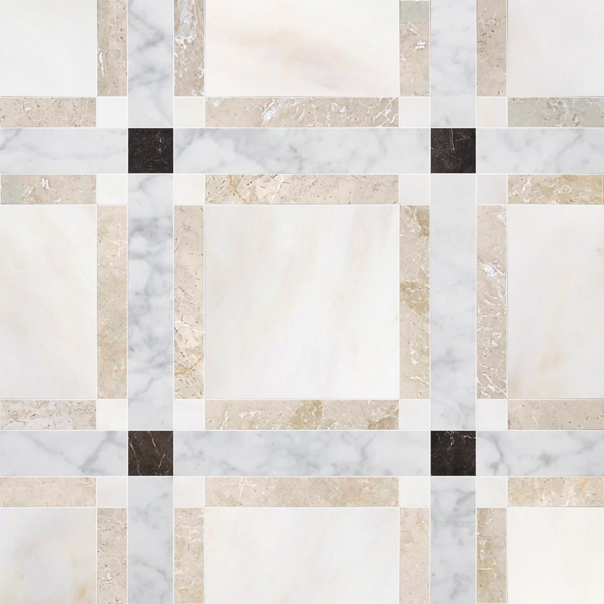 Checkered pattern of marble tiles in beige, brown, and white.