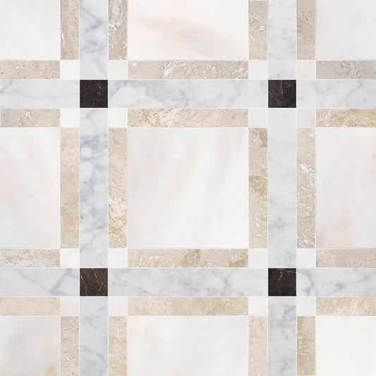 Checkered pattern of marble tiles in beige, brown, and white.