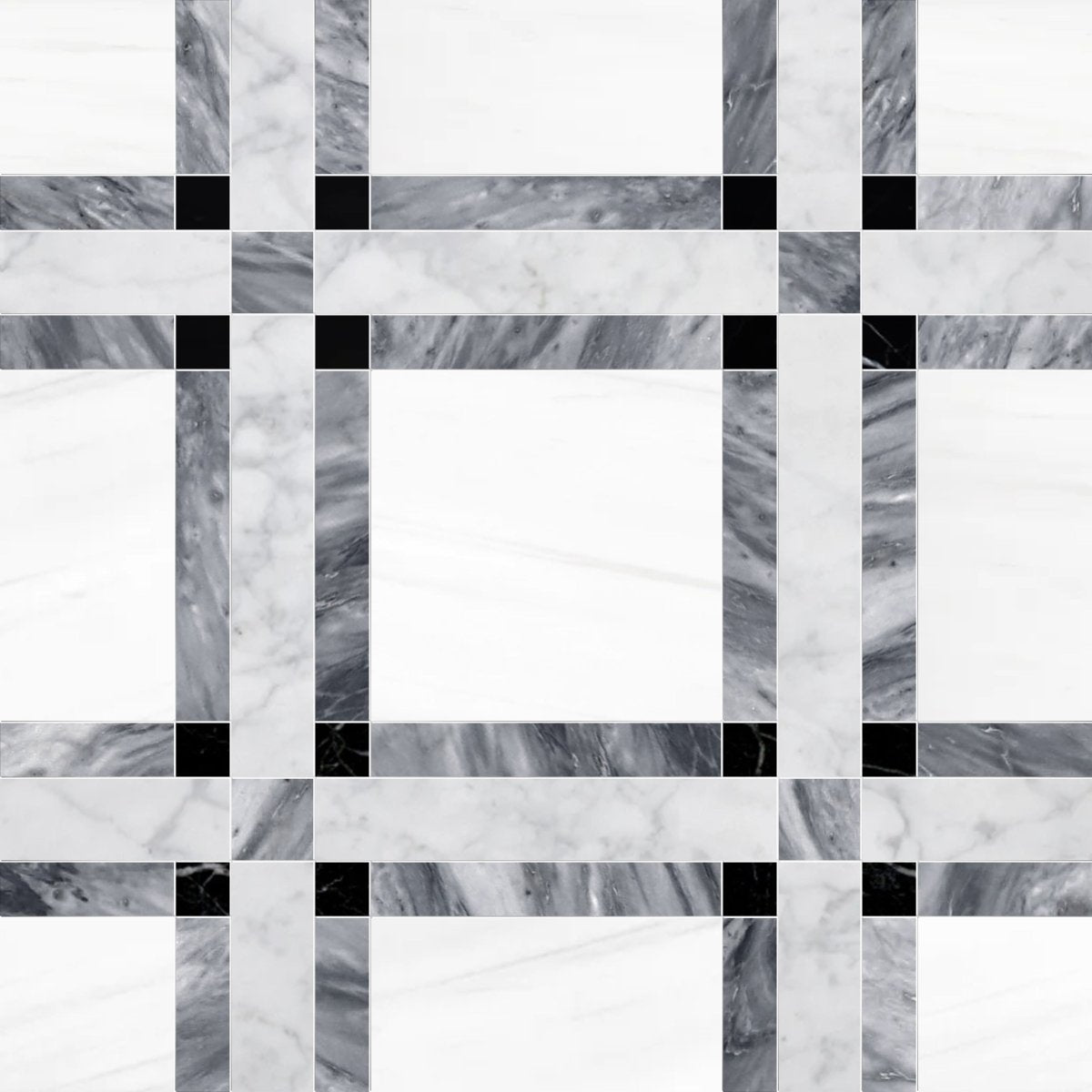 Checkered pattern with alternating black and white squares on a marble background