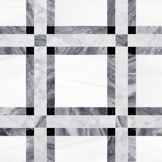 Checkered pattern with alternating black and white squares on a marble background