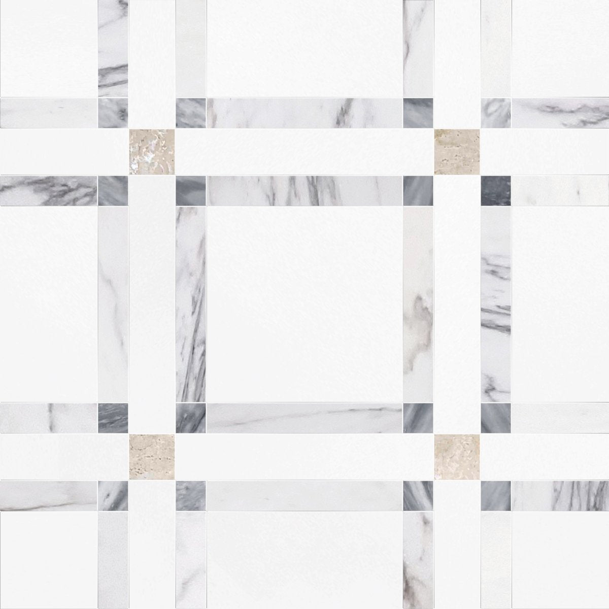 Checkered pattern of marble tiles in gray, white, and beige on a white background