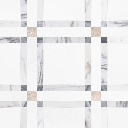 Checkered pattern of marble tiles in gray, white, and beige on a white background