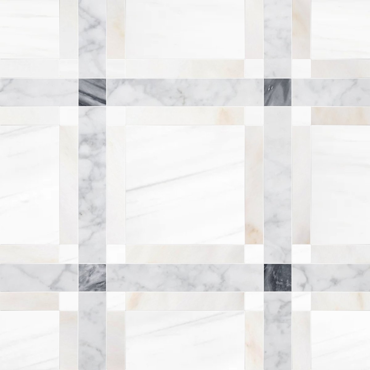 Mosaic pattern of marble tiles in various shades of gray and white.