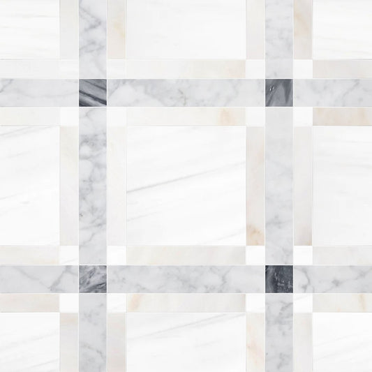 Mosaic pattern of marble tiles in various shades of gray and white.