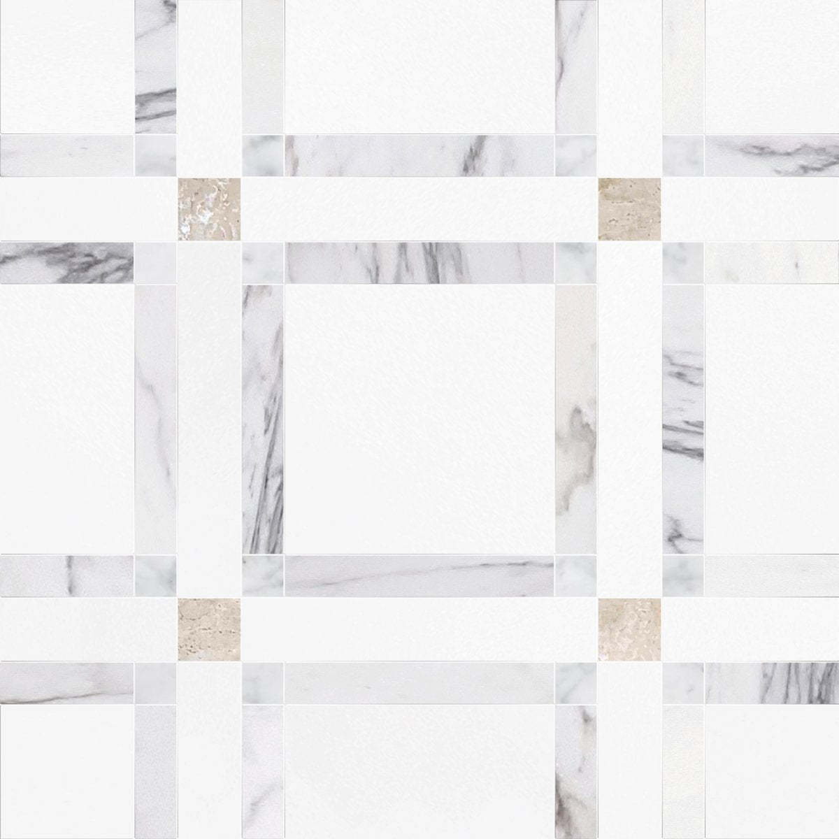 Checkered pattern of marble tiles with a mix of gray, white, and beige colors.