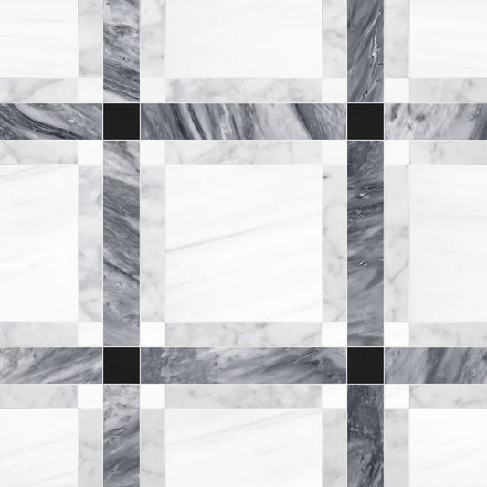 Checkered pattern of gray and white marble tiles
