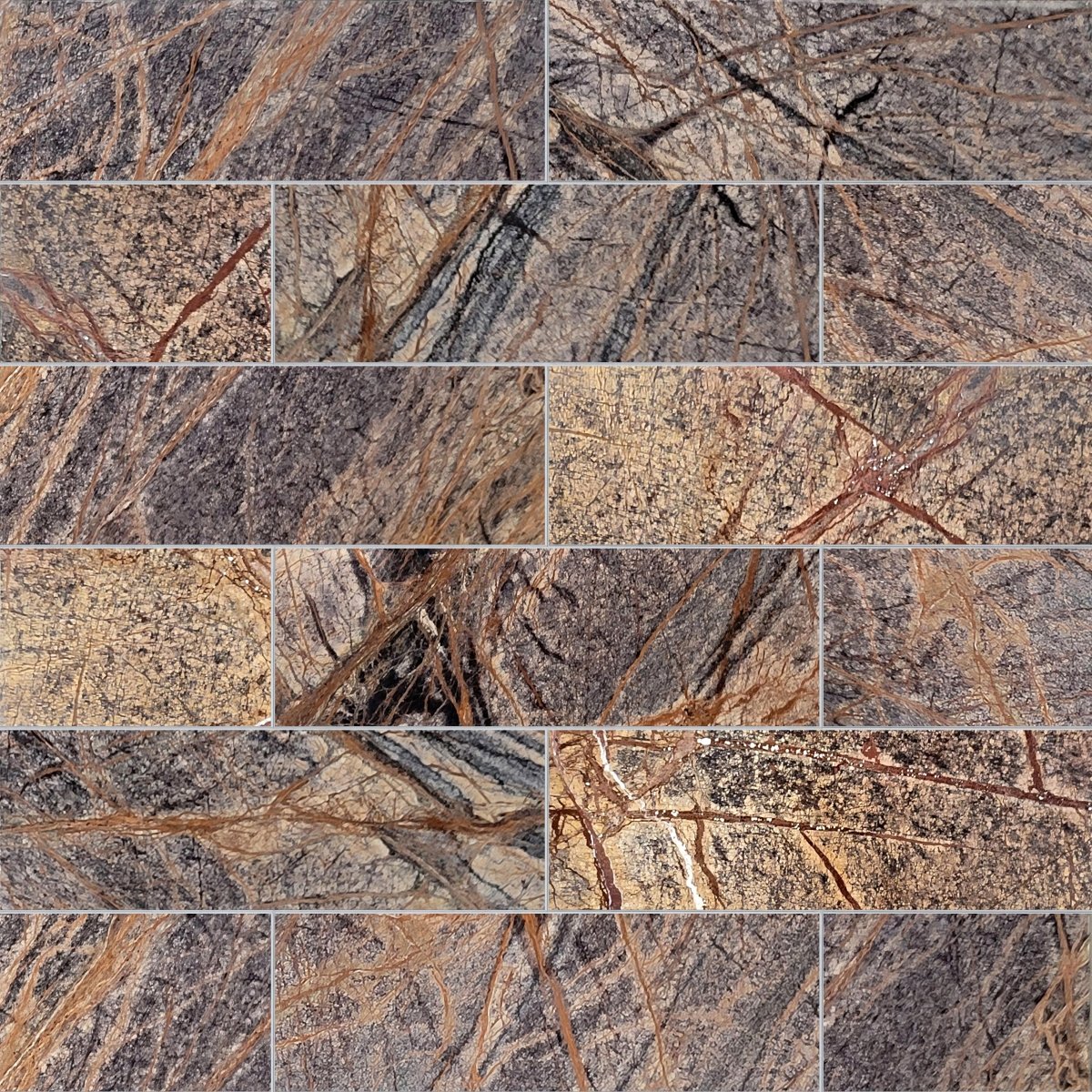 Collage of various brown and gray stone tiles with a marble-like texture.