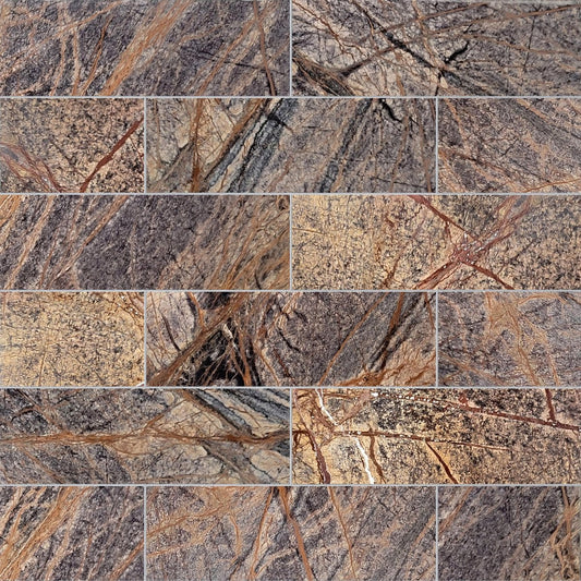 Collage of various brown and gray stone tiles with a marble-like texture.