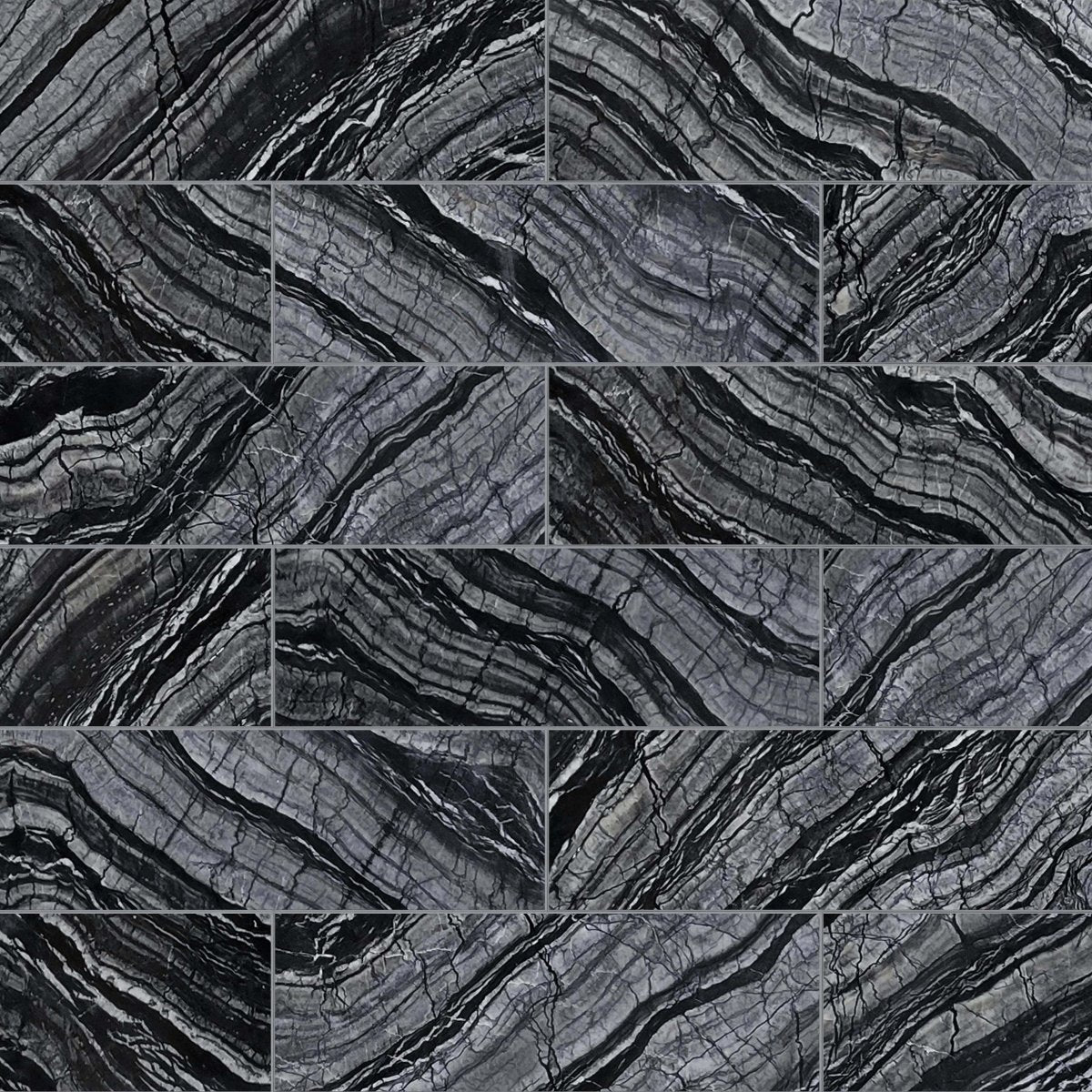 Pattern of black and gray marbled tiles.