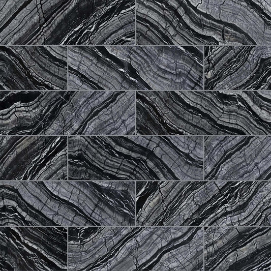 Pattern of black and gray marbled tiles.