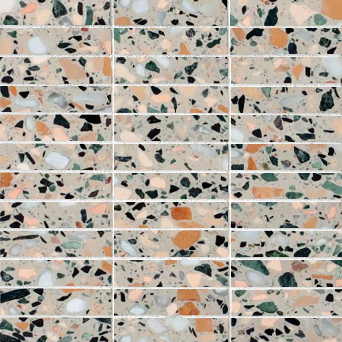 Pattern of terrazzo tiles with multicolored chips on a beige background