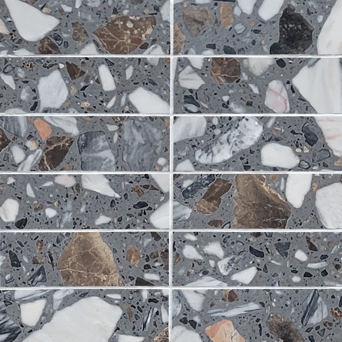 Terrazzo pattern with various colored stones on a gray background