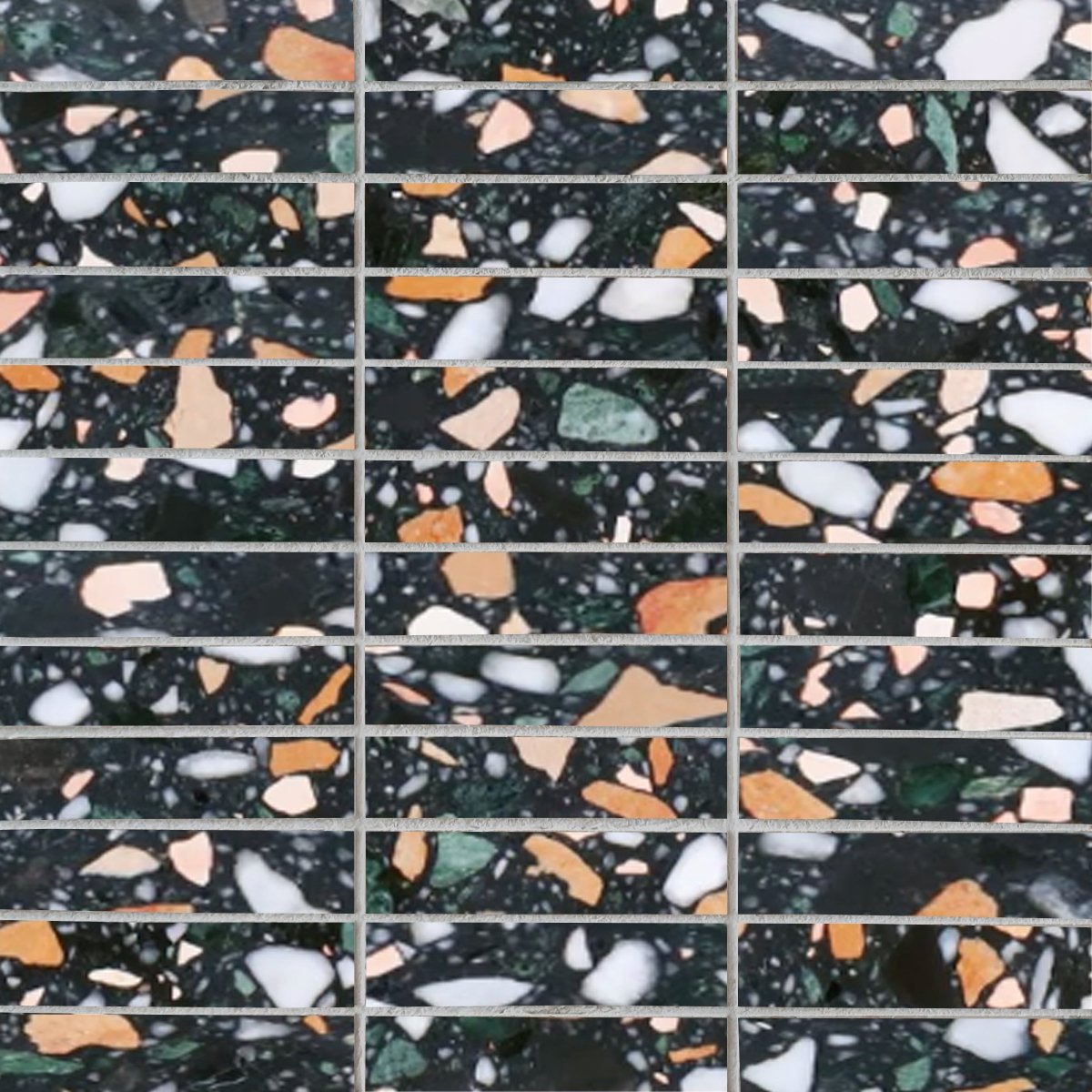 Terrazzo mosaic tile pattern with multicolored chips on a black background
