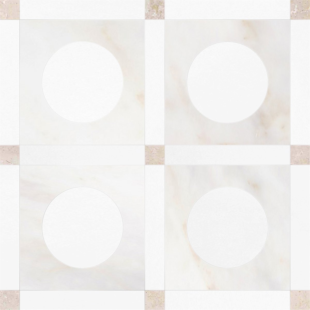 Four white circles on a beige and white checkered background