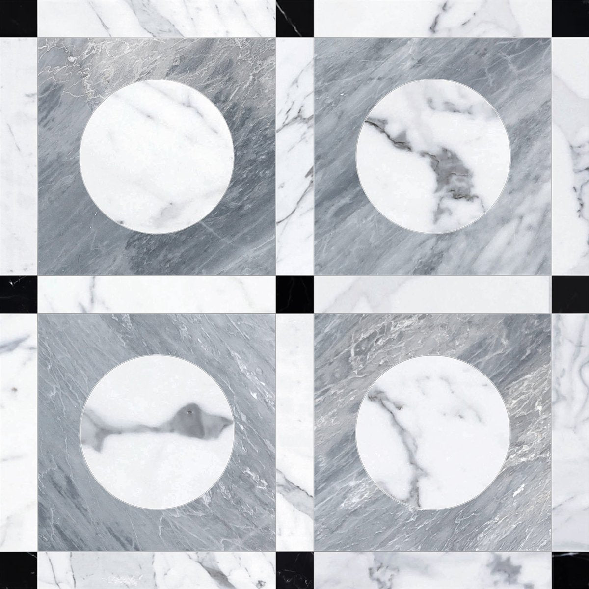 Checkered pattern with marble-like texture and circular insets showing different marble patterns.