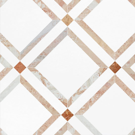 Geometric tile pattern with brown, beige, and white colors on a white background