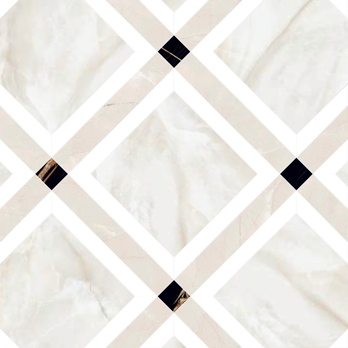 Geometric pattern of interlocking squares with black accents on a white background