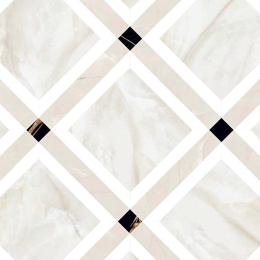 Geometric pattern of interlocking squares with black accents on a white background