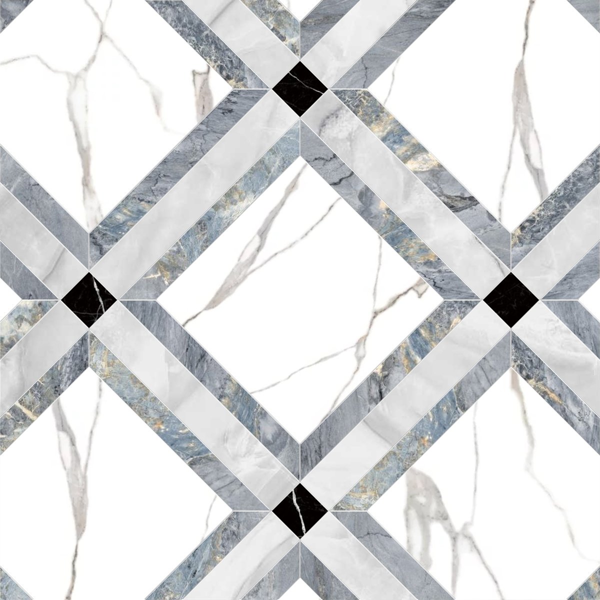 Geometric pattern with interlocking diamond shapes in gray, white, and black on a light background.