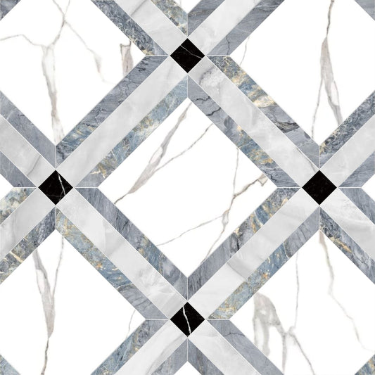 Geometric pattern with interlocking diamond shapes in gray, white, and black on a light background.
