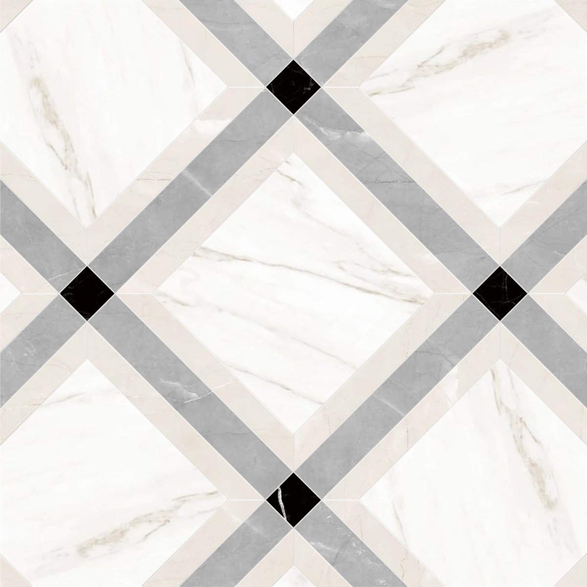 Patterned tile with geometric design in black, gray, and white