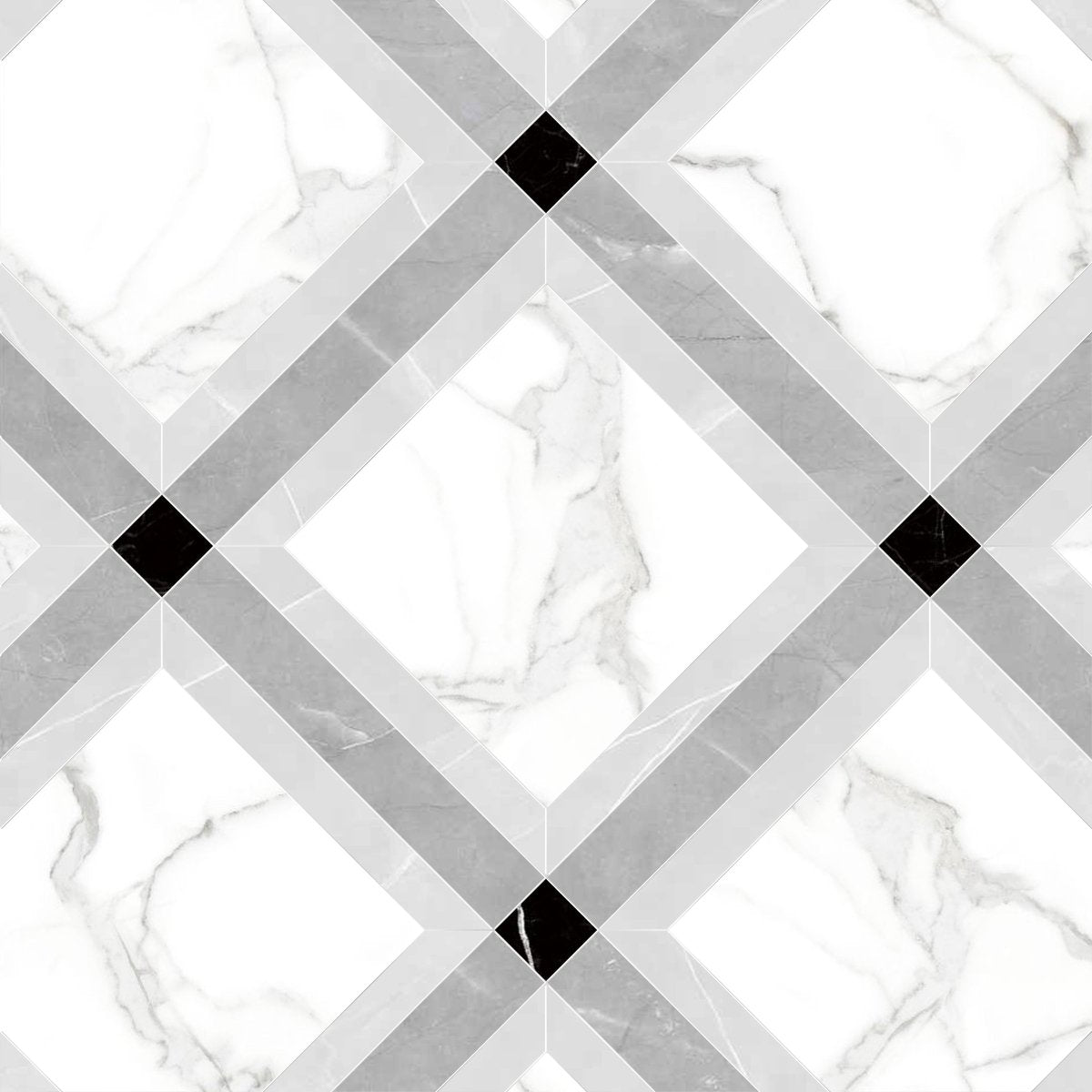 Geometric pattern with black and white tiles on a white background