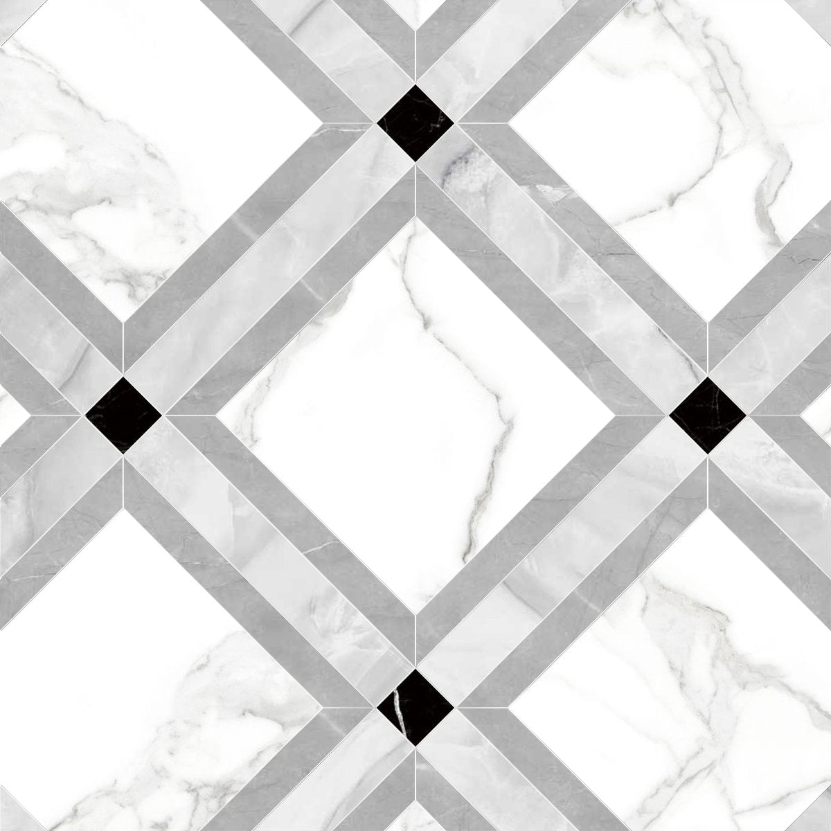 Geometric pattern with black diamonds on a white marble background