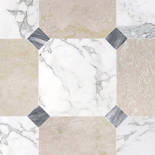Octagon 18" Botticino & Calacatta w/ Bardiglio Dot Tile