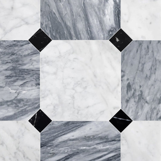 Octagon 18" Carrara & Bardiglio w/ Nero Marquina Dot Checker Tile