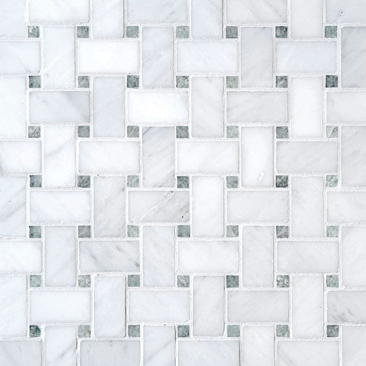 Basket Weave Asian white with Emerald Green Dot 1/18''x2'' Stone Mosaic
