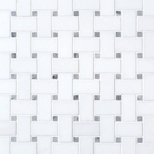 Basket Weave Thassos with Carrara Dot 1/18''x2'' Stone Mosaic