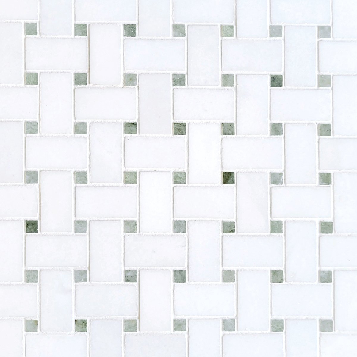 Basket Weave Thassos with Ming Green Dot 1/18''x2'' Stone Mosaic