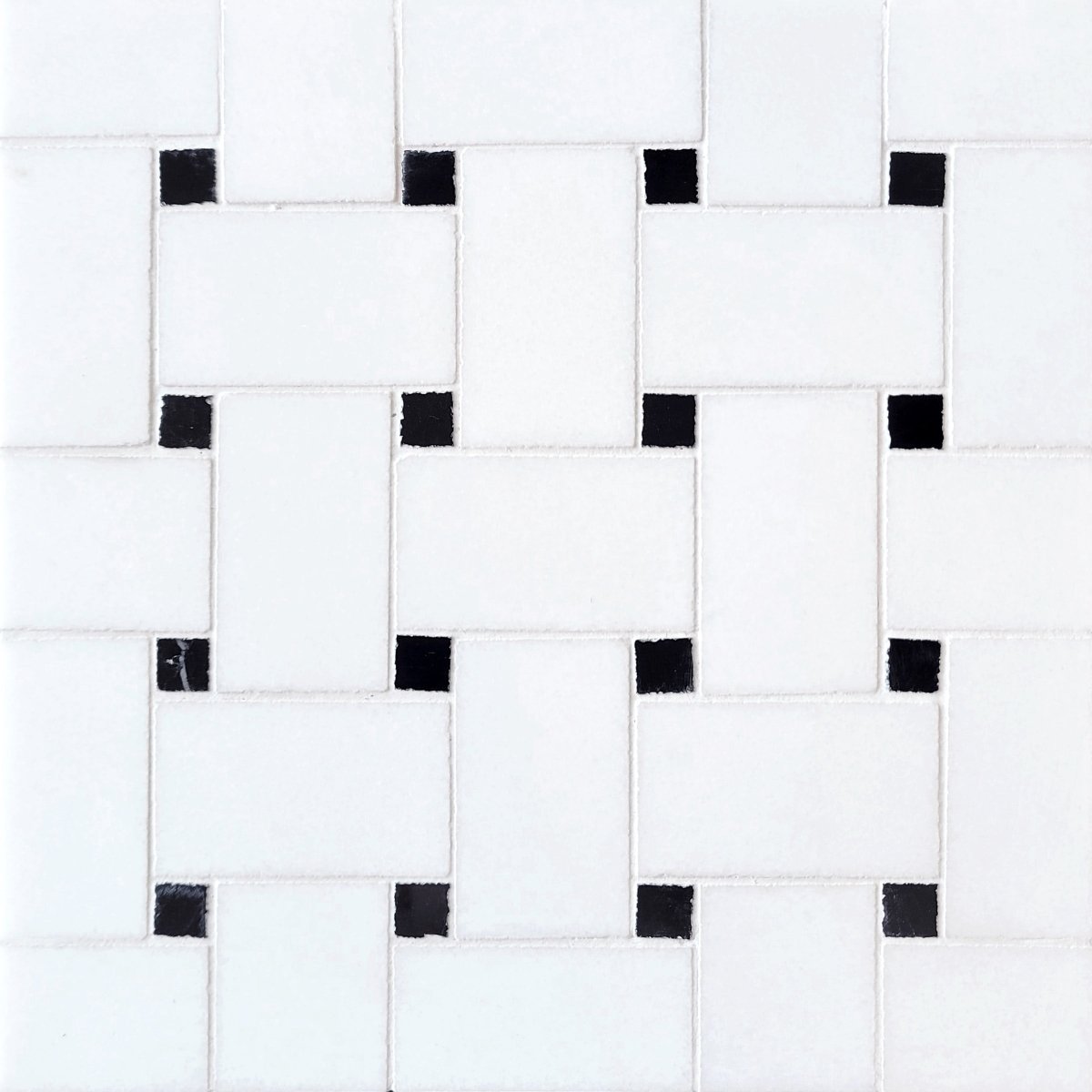 Basket Weave Thassos with Pure Black Dot 2''x3/14'' Stone Mosaic