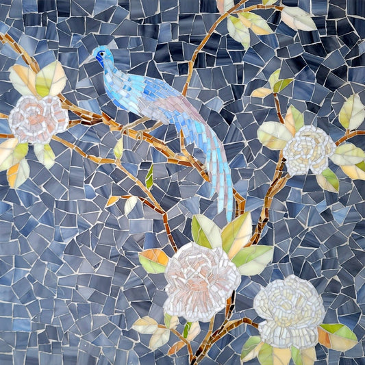 Blossom Floral & Bird Gris Lava Glass Mosaic