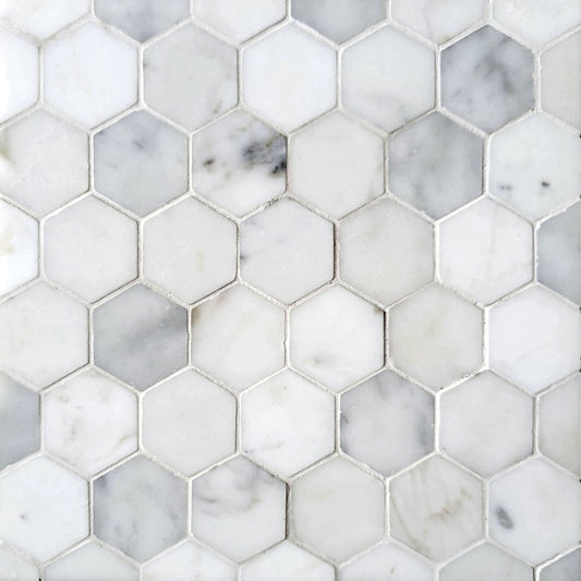 Hexagon Cararra, Afyon white, and Statuary Blend 2'' Stone Mosaic