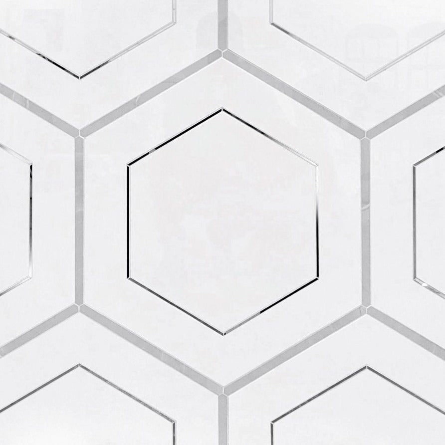 Misty Bianco Hexagon Porcelain & Metal Waterjet Tile