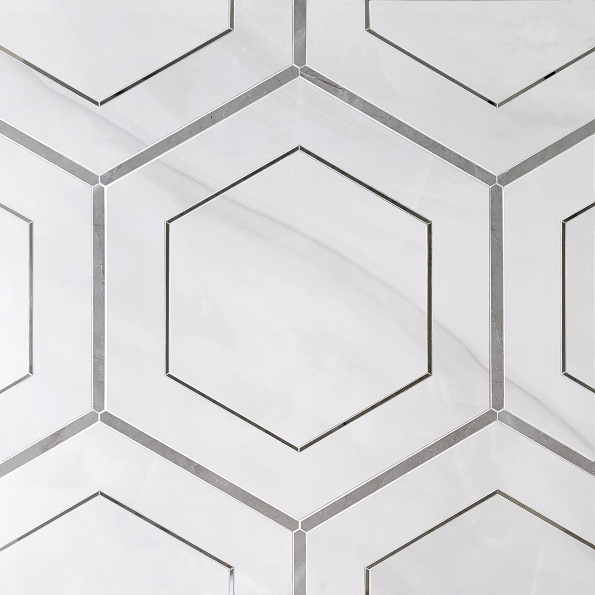 Misty White Agate Hexagon Porcelain & Metal Waterjet Tile