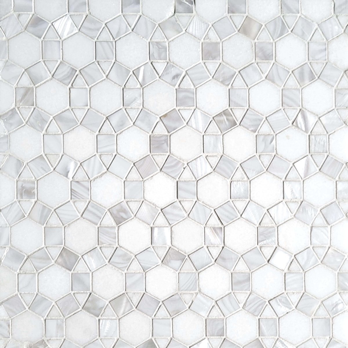 Hexagonal Shell Patterns Quick Ship Hexagon and Dot Thassos & Pearl Shell Stone Mosaic – Artsaics