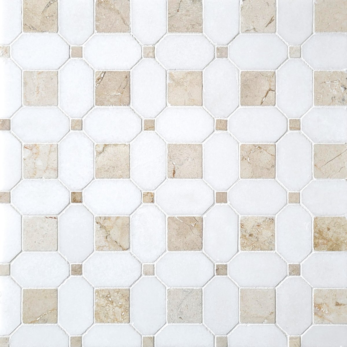 Quick Ship Square & Dot Thassos and Crema Marfil Stone Mosaic