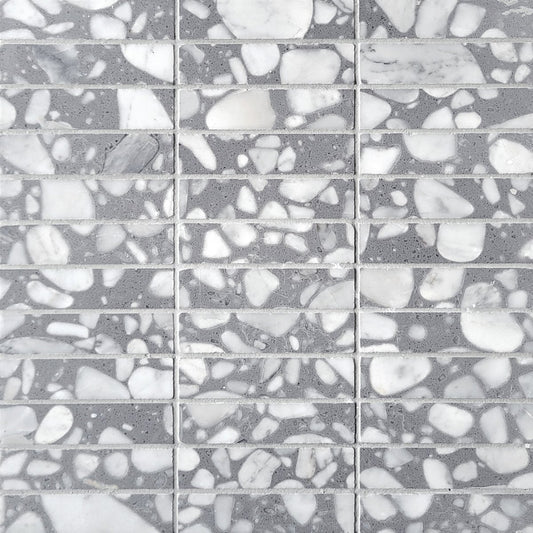 Stacked Grigio Marble Terrazzo Honed 1''x4'' Mosaic